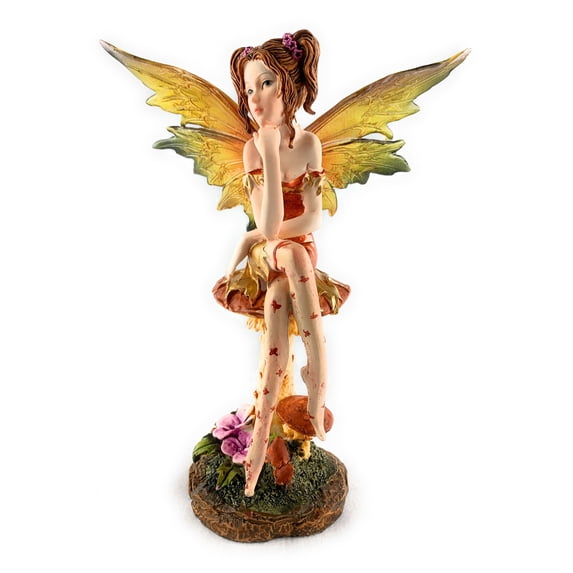 Ain’t It Nice Fairy Figurine Orange with Clear Wings and Patterned Socks Enjoying Nature Surrounded by Mushrooms Collectible Fairy Statue Fantasy Décor Sculpture, 6.5(L) X 3.5(W) X 7.5(H) Inches