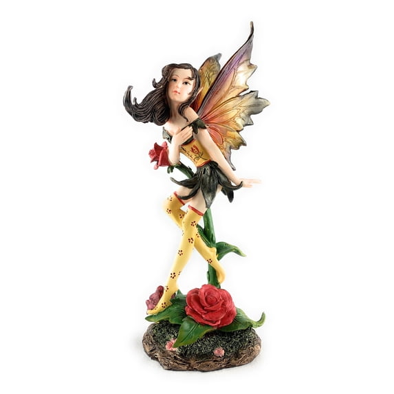 Ain’t It Nice Fairy Figurine Yellow with Clear Wings and Patterned Socks Enjoying Nature Surrounded by Roses Collectible Fairy Statue Fantasy Décor Sculpture, 4(L) 3(W) 9.75(H) Inches