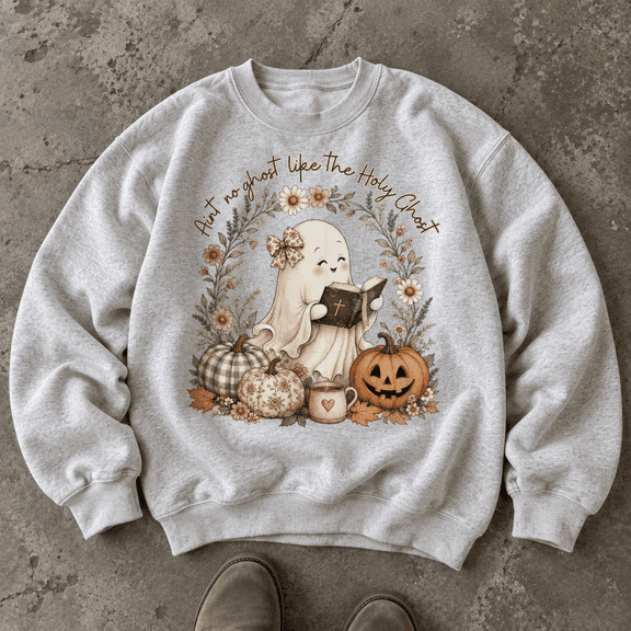 Ain’t No Ghost Like the Holy Ghost Pumpkin Floral Halloween Graphic Crewneck Sweatshirt, Unisex Fit