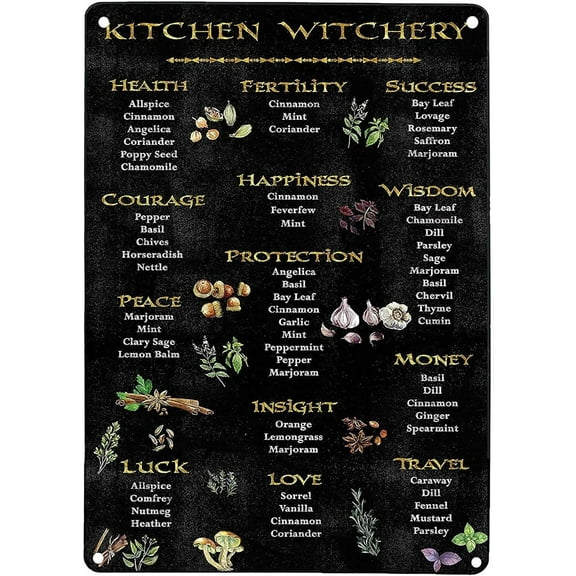 Ainbash Witch Decor for Altar & Kitchen - Wall Art Magick Wiccan Print - Halloween Witch Gift - Pagan Gifts - Faux Gold Silver Chalkboard Art Tin Sign - Vintage 8x12 inch