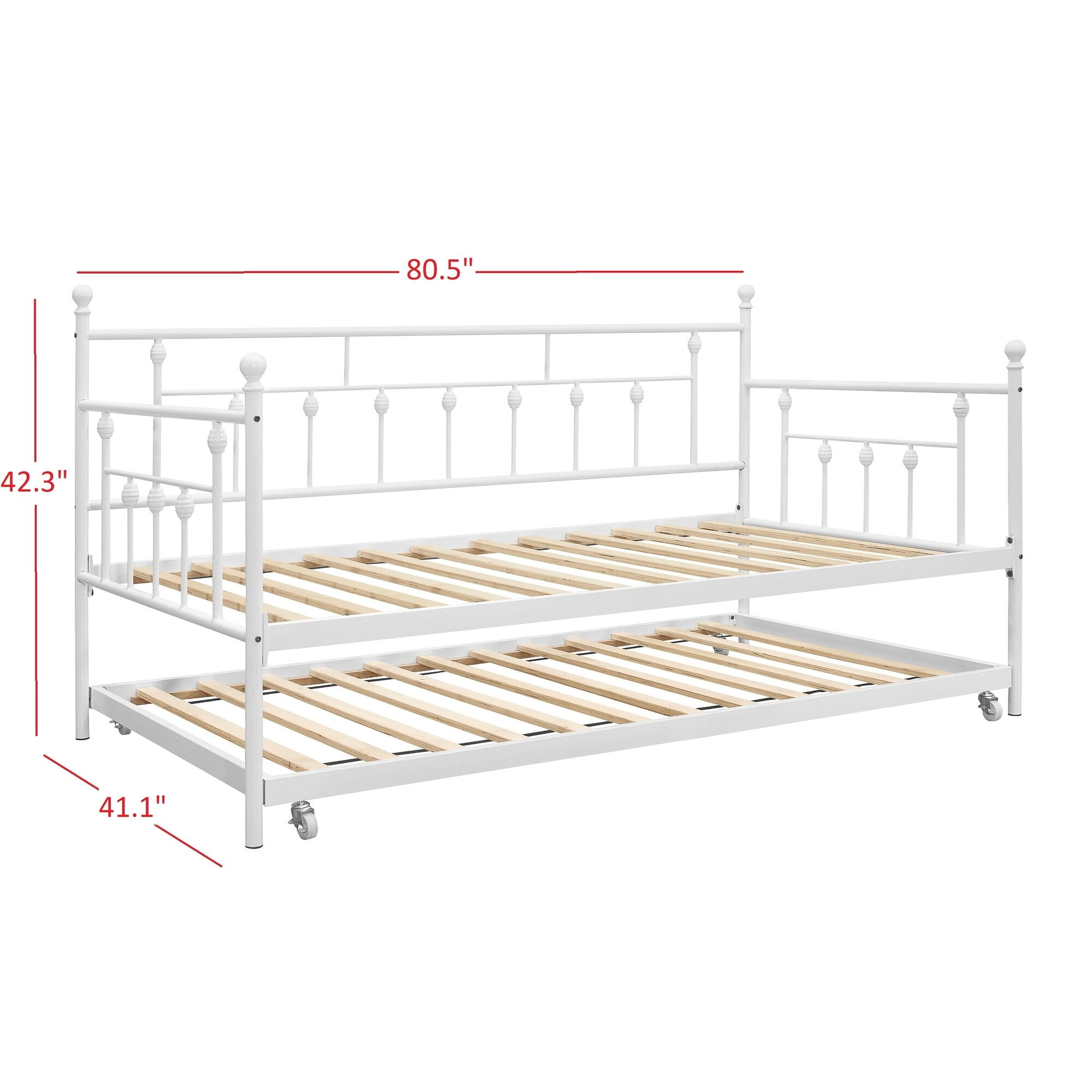 Home Design Aine Twin Metal Daybed with Pull-Out Trundle, Victorian-Style Frame, Rounded Finials, Durable Support, Stylish and Functional for Bedroom or Guest Room, White