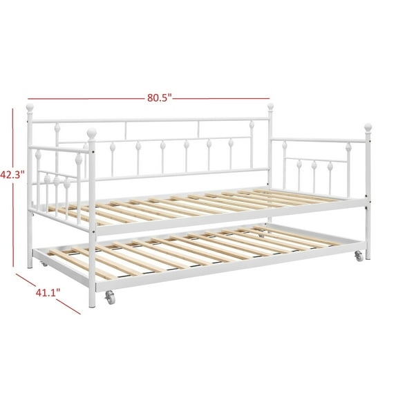 Home Design Aine Twin Metal Daybed with Pull-Out Trundle, Victorian-Style Frame, Rounded Finials, Durable Support, Stylish and Functional for Bedroom or Guest Room, White