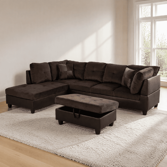 Brown Microfiber Reversible L-Shaped Sectional Sofa Set with Storage Ottoman, Tufted Cushion Chaise Lounge, Modern Mixed Fabric Living Room Couch with Decor Throw Pillows