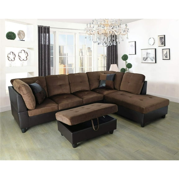 Pon Living 3 PCS Living Room Set, Sectional Sofa Set, Sectional Sofa in Home, with Storage Ottoman and Matching Pillows, Foam (Right Hand Facing, Chocolate 2)