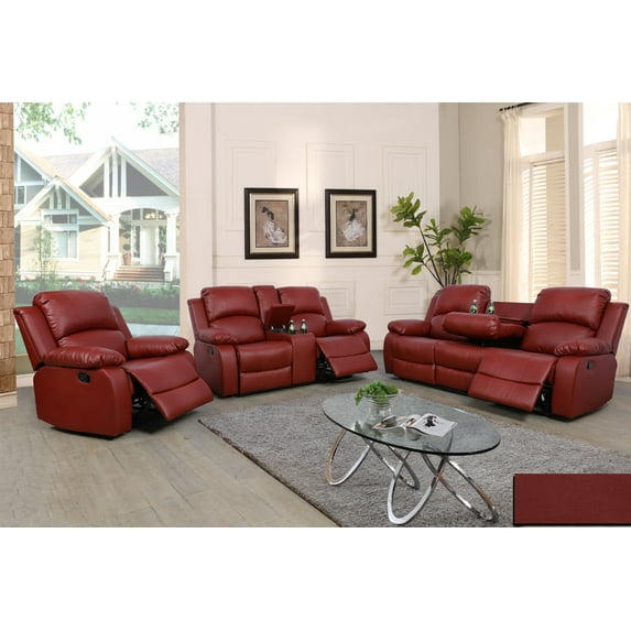 Ainehome 3 Piece Glam Bonded Leather Reclining Living Room Set Red