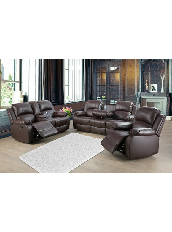 Ainehome 3-Pieces Recliner Sectional Sofa Set with 2 Cup Holder Console,Brown Bonded Leather
