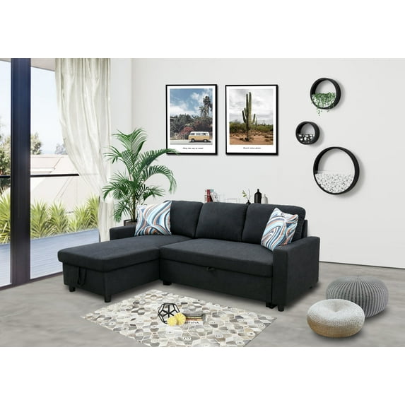 Ainehome Black Linen Reversible Sleeper Sectional Sofa with Storage Chaise