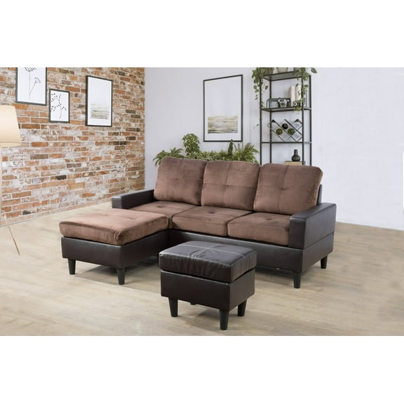 Pon Living Chocolate Mirofiber Sectional Sofa, Convertible Couch for Small Apartment