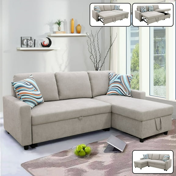 Ainehome Convertible Sectional Sofa with Storage Chaise - 2 in 1 L-Shaped Sectional Sofa Sleeper with Fabric Upholstery for Living Room, Grey