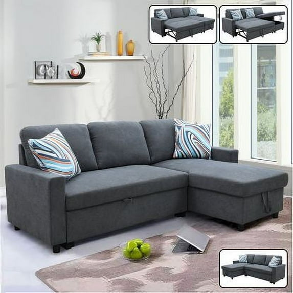 Ainehome Convertible Sectional Sofa with Storage Chaise - L-Shaped Futon Sofa Bed with Pull-Out Sleeper for Living Room, Dark Grey