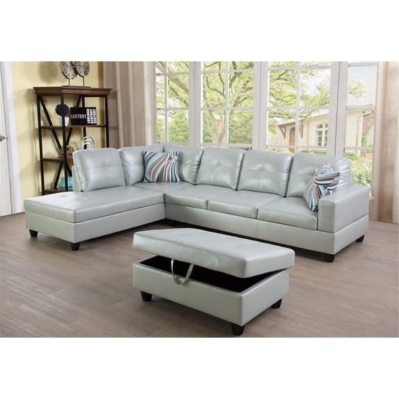 Ainehome Faux Leather L Shaped Sectional Sofa, Silver Green
