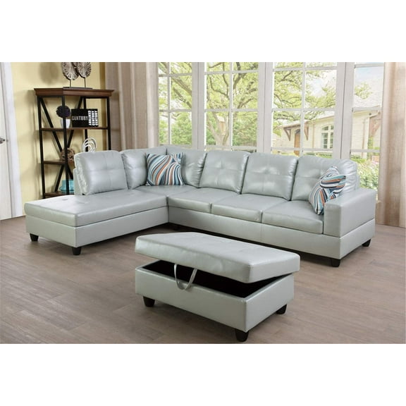 Ainehome Faux Leather L Shaped Sectional Sofa, Silver Green