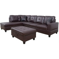 Ainehome Faux Leather Sectional Set, Living Room L-Shaped Modern Sofa Set, with Storage Ottoman and Matching Pillows, Left Facing Brown