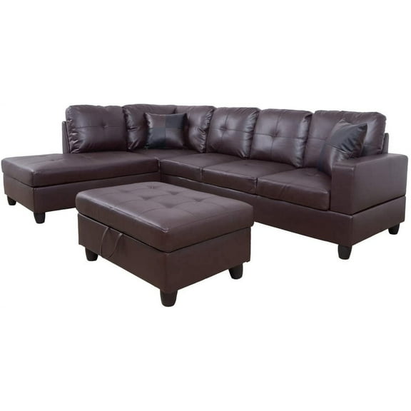 Ainehome Faux Leather Sectional Set, Living Room L-Shaped Modern Sofa Set, with Storage Ottoman and Matching Pillows, Left Facing Brown