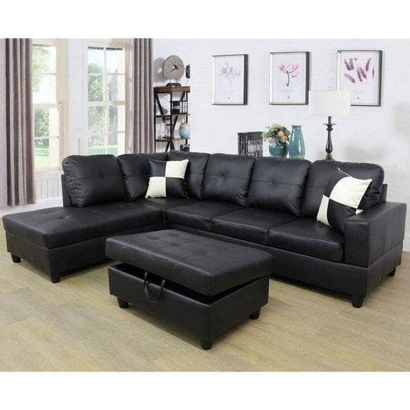 Ainehome Faux Leather Sectional Sofa, 3 Piece L-Shaped Living Room Sofa Set with Storage Ottoman and Matching Pillows, Left Facing Black