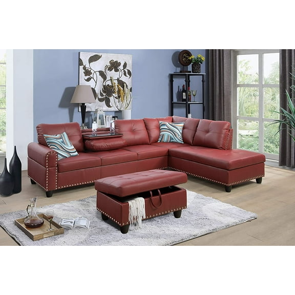 Ainehome Faux Leather Sectional Sofa, Living Room Set with Drop Down Table & Cup Holder - Red