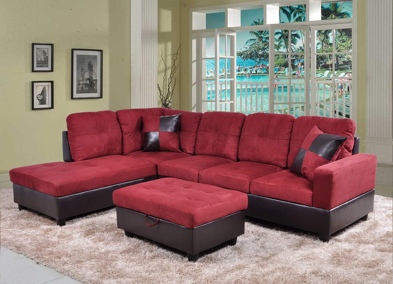 Pon Living Furniture Inc 3 Piece Modern Microfiber L Shaped Sectional Sofa Set Red