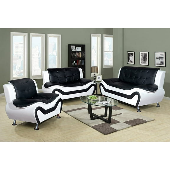 Ainehome Furniture 3 Piece Faux Leather Aldo Modern Sofa Set, Black/White