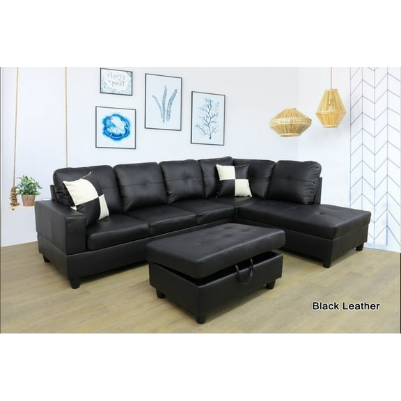 Ainehome Furniture Black Faux Leather 3 Piece Sectional Sofa Couch Set, L-Shaped Modern Sofa with Chaise Storage Ottoman for Living Room Furniture, Right Hand Facing