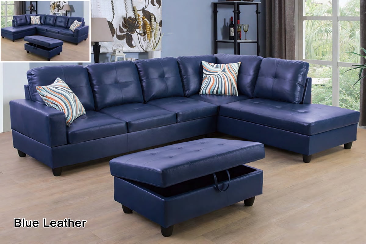 Ainehome Furniture Blue Leather Sectional Couch, Modern L-Shaped Sofa Set for Living Room