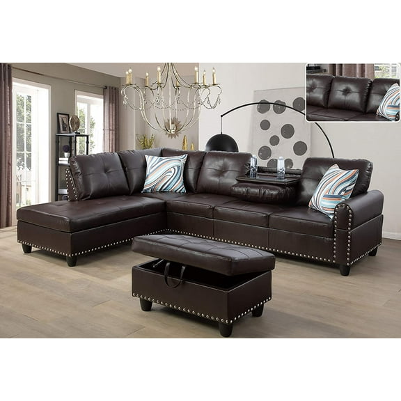 Ainehome Furniture Brown Leather Sectional Couch, Modern L-Shaped Sofa Set for Living Room