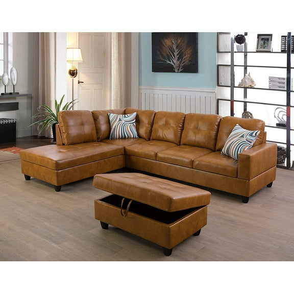 Ainehome Furniture Faux Leather Sectional Sofa Set, L Shape Living Room Couch Set (Left Hand Facing, Ginger)
