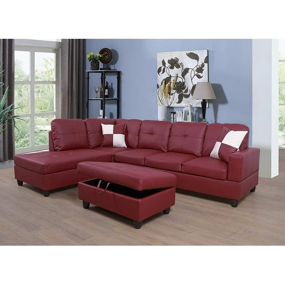 Ainehome Furniture Faux Leather Sectional Sofa Set, Red L-Shaped Couches for Living Room