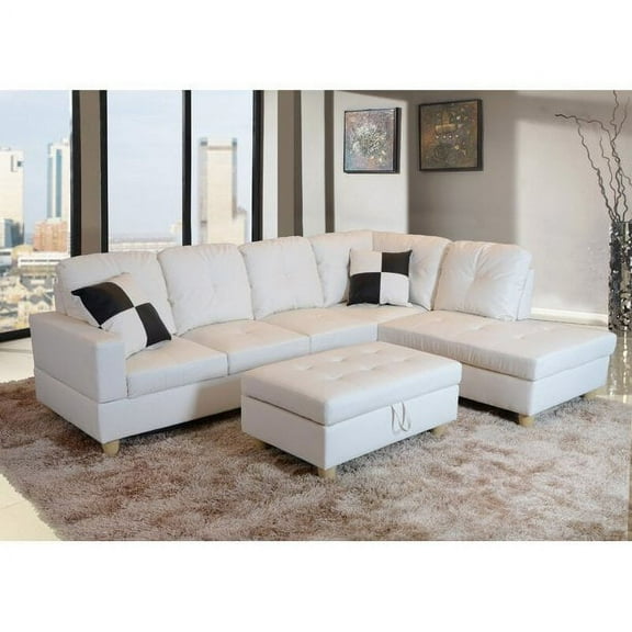 Ainehome Furniture Leather Sectional Couches for Living Room, White Sectional Sofas with Storage Ottoman & Toss Pillows-Right Hand Facing