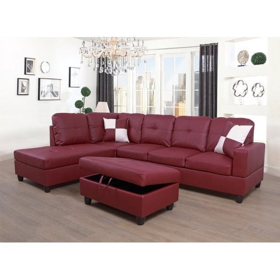 Ainehome Furniture Red Faux Leather 3 Piece Sectional Sofa Couch Set, L-Shaped Modern Sofa with Chaise Storage Ottoman for Living Room Furniture, Left Hand Facing