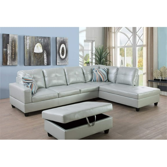 Ainehome Furniture Silver Green Leather Sectinal Sofa Set, L-Shaped Modern & Contemporary Sofa with Chaise Storage Ottoman for Living Room Furniture - Right Hand Facing