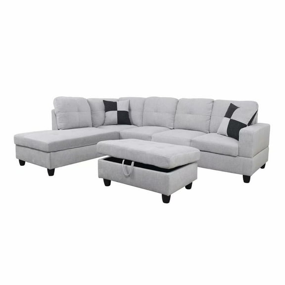 Ainehome L-Shaped Sectional Sofa Set, 3PC Flanelette Living Room Couches, Left Hand Facing (Grey White)