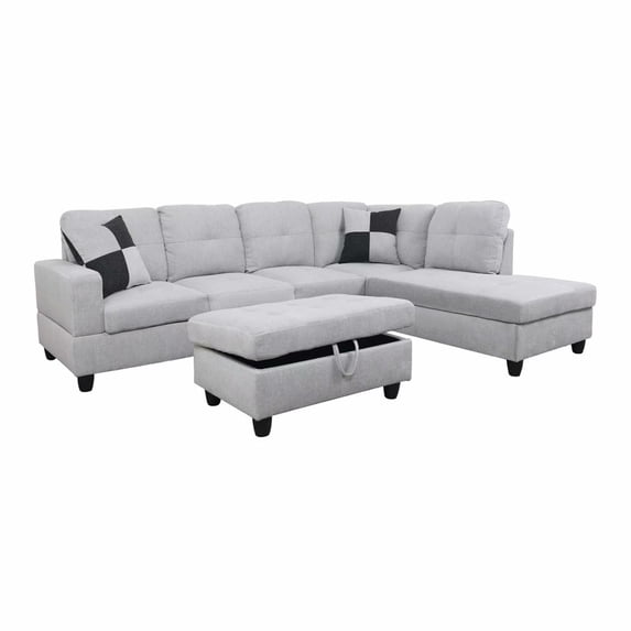 Ainehome L-Shaped Sectional Sofa Set, 3PC Flanelette Living Room Couches, Right Hand Facing (Grey White)