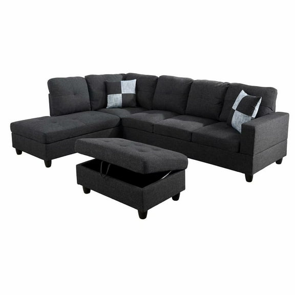 Ainehome L-Shaped Sectional Sofa Set, 3PC Linen Living Room Couches, Left Hand Facing (Black Grey)