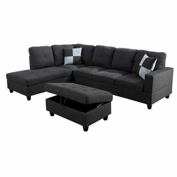 Ainehome L-Shaped Sectional Sofa Set, 3PC Linen Living Room Couches, Left Hand Facing (Black Grey)