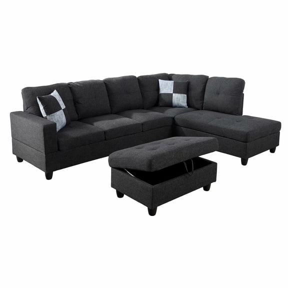 Ainehome L-Shaped Sectional Sofa Set, 3PC Linen Living Room Couches, Right Hand Facing (Black Grey)