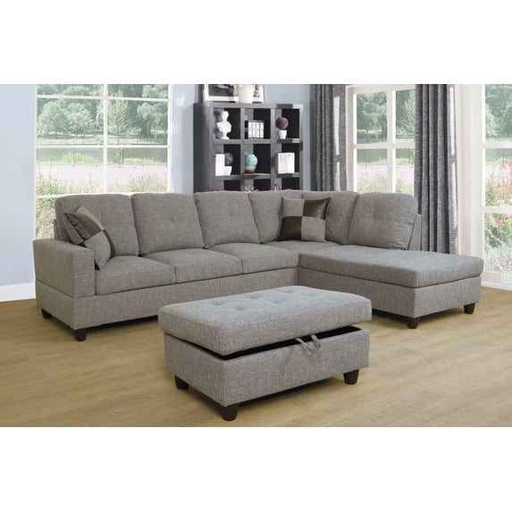 Ainehome L-Shaped Sectional Sofa Set, 3PC Linen Living Room Couches, Right Hand Facing (Grey)