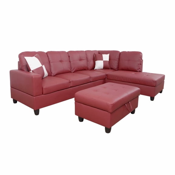 Ainehome L-Shaped Sectional Sofa Set, 3PC Red Leather Living Room Couches, Right Hand Facing