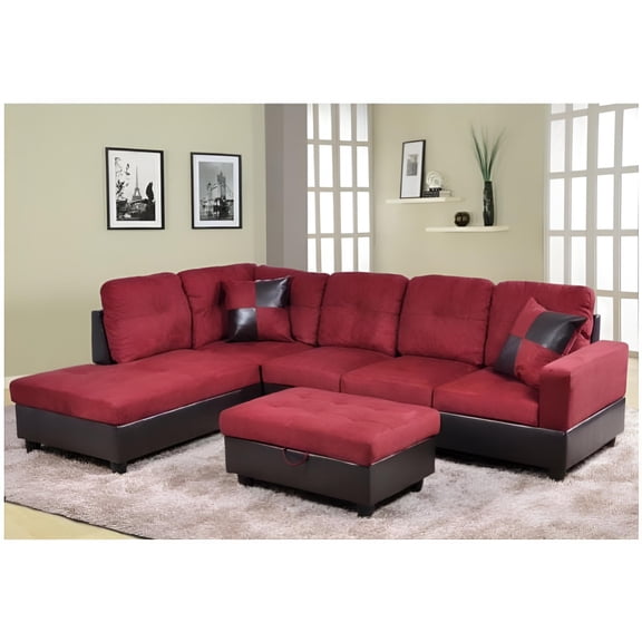 Ainehome Leather Left Hand Facing Sectional Sofa with Pillows, Red