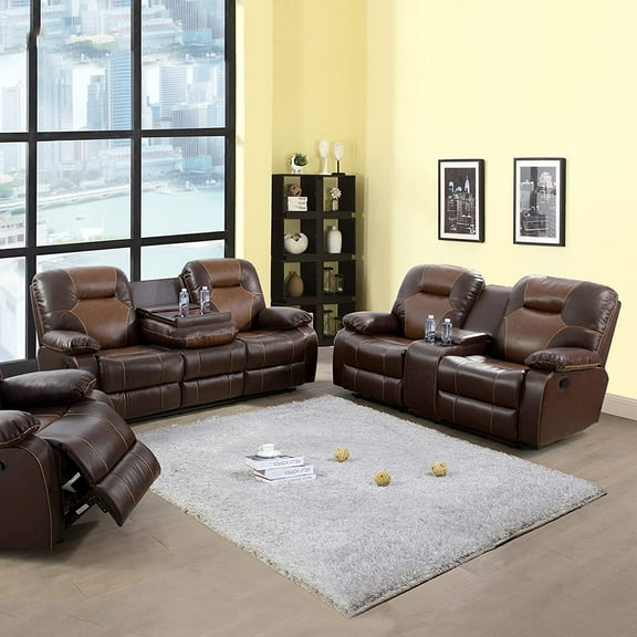 A Ainehome Living Room Furniture Couch Recliner Set with Console Storage Recliner Sofa and Loveseat Chair Sets Couch for Living Room(C-Brown Leather Sofa)