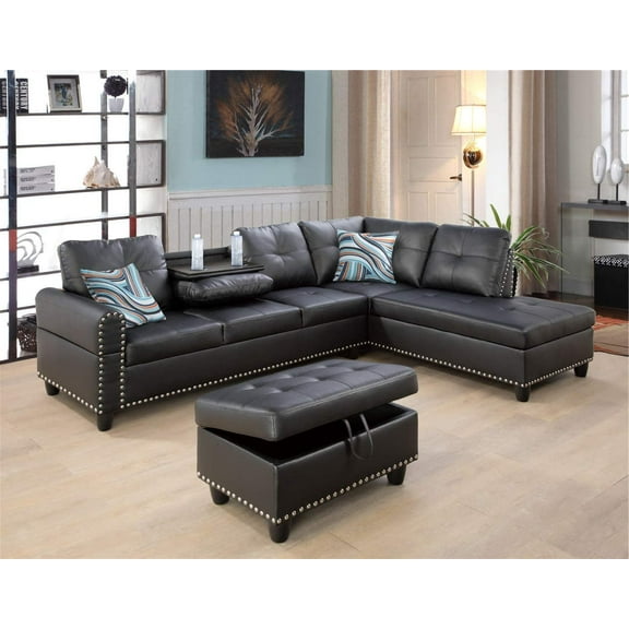 Ainehome Modern Faux Leather Chaise Ottoman Storage L Shaped Sectional Sofa Set Black