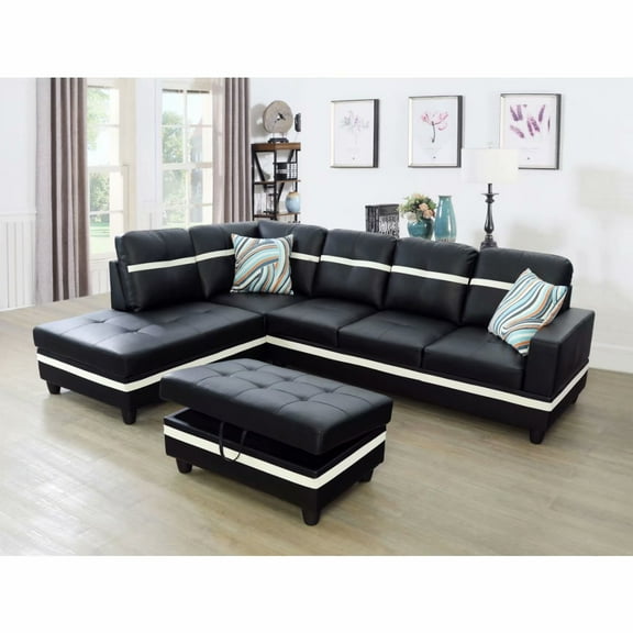 Ainehome Modern Sectional Sofa Set,3PC L-Shaped Living Room Couches,Black Leather