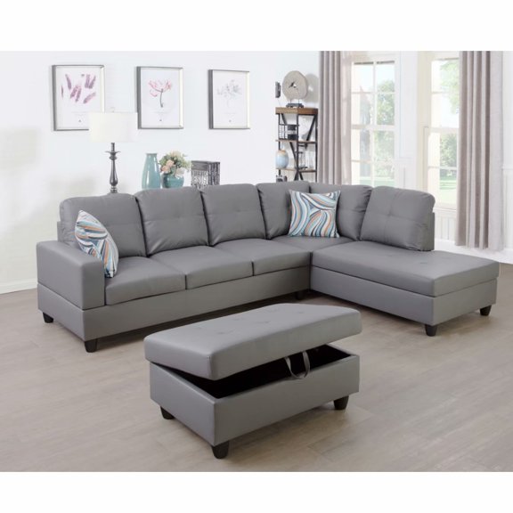 Ainehome Modern Sectional Sofa Set,3PC L-Shaped Living Room Couches,Dark Grey Leather