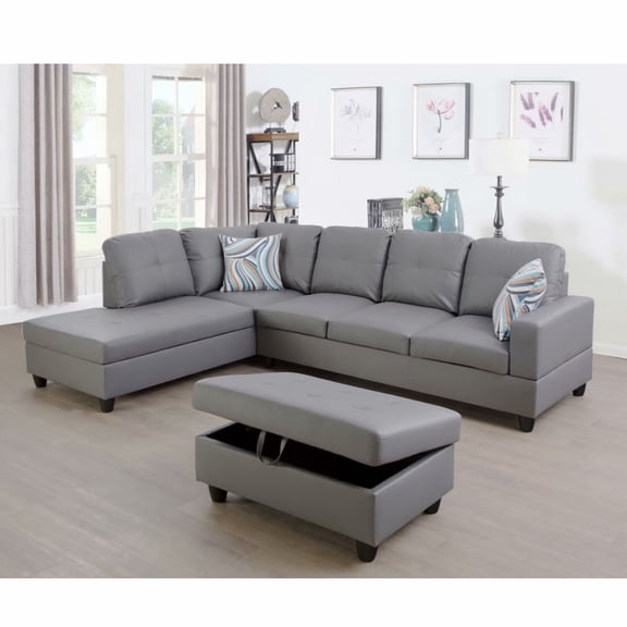 Ainehome Modern Sectional Sofa Set,3PC L-Shaped Living Room Couches,Dark Grey Leather