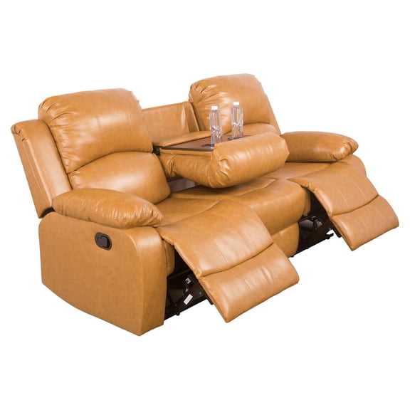 Ainehome Recliner 3-Seater Sofa, Bonded Leather Reclining Couch with Drop Down Table & Central Console (Ginger, 1 piece)