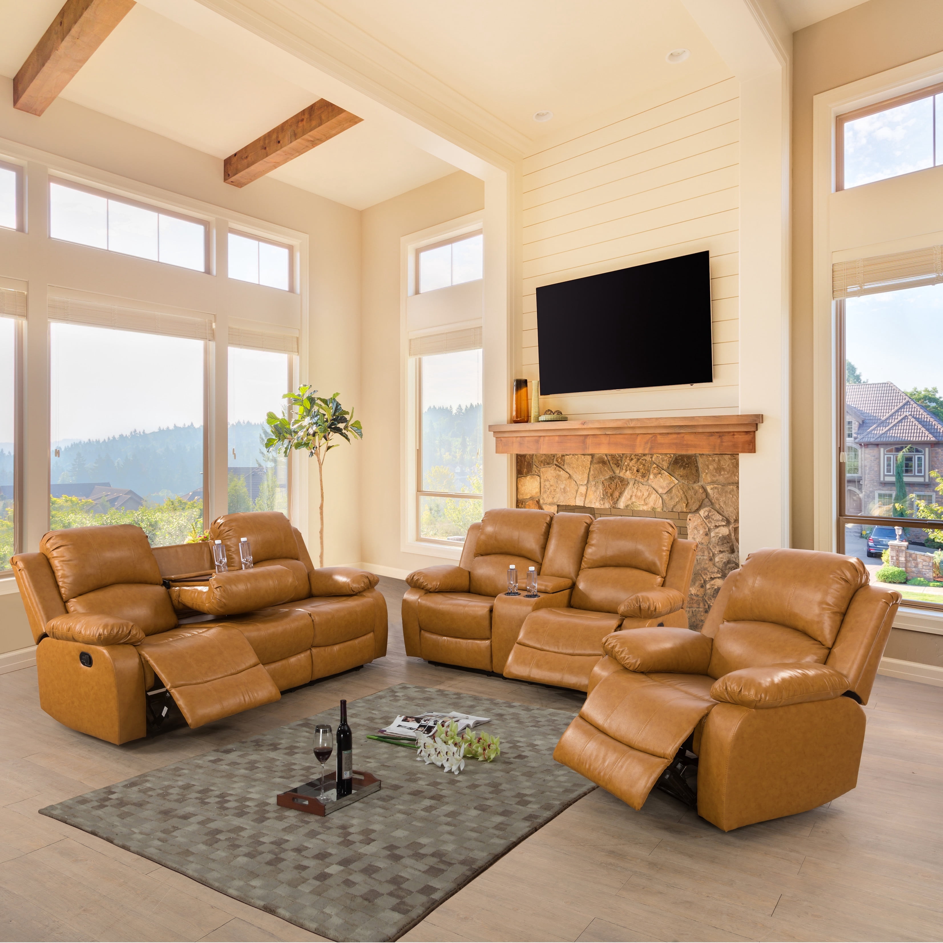 Ainehome3 Pieces Faux Leather Reclining Configurable Living Room Set