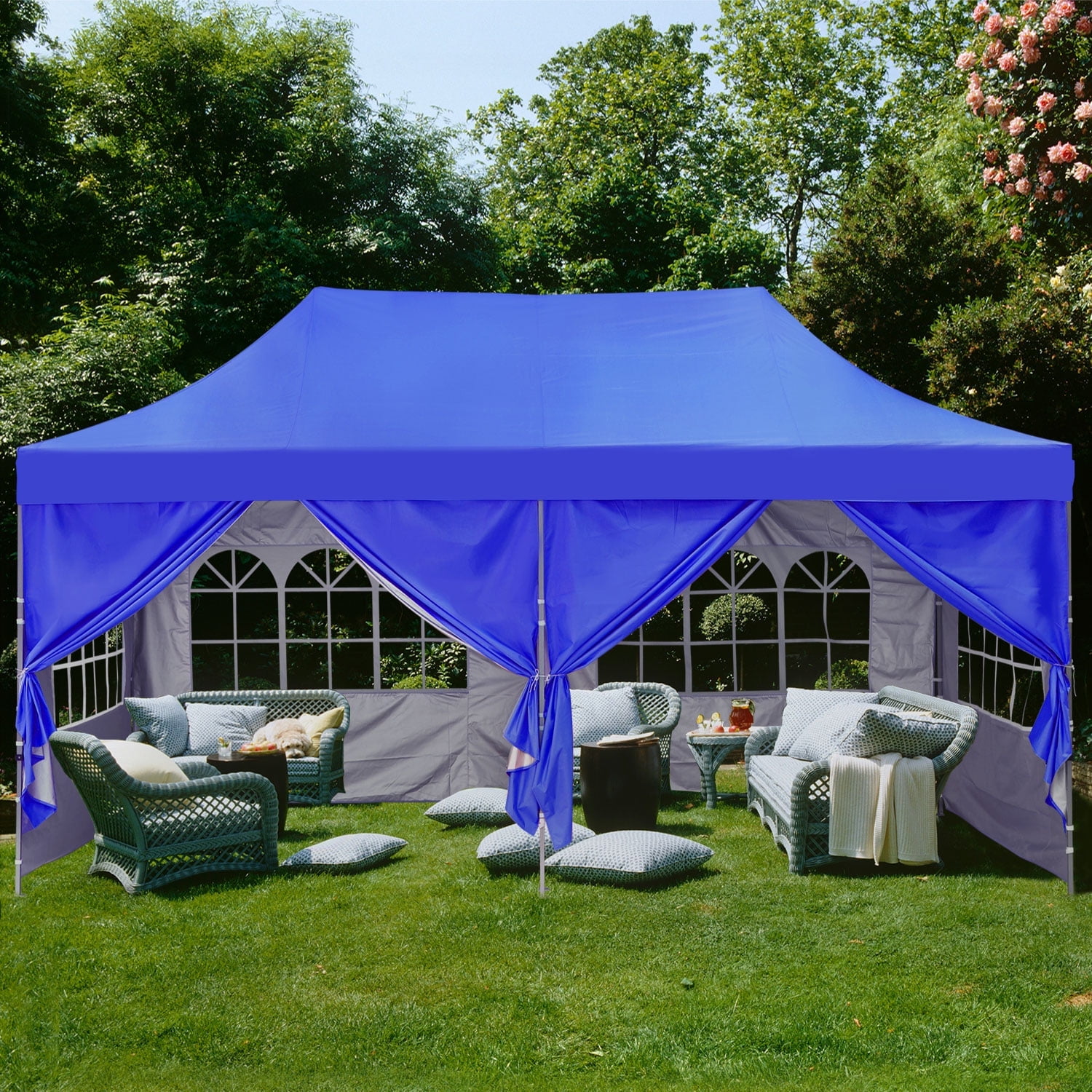 Blue 10x20 ft Steel Frame Pop-Up Canopy Tent with Sidewalls