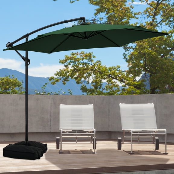 Ainfox 10ft Cantilever Offset Patio Umbrella with Sandbags Weighted Base and Cross Base - Outdoor Market Umbrella, Easy Tilt Adjustment,Green