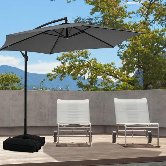 Ainfox 10ft Cantilever Offset Patio Umbrella with Sandbags Weighted Base and Cross Base - Outdoor Market Umbrella, Easy Tilt Adjustment,Grey