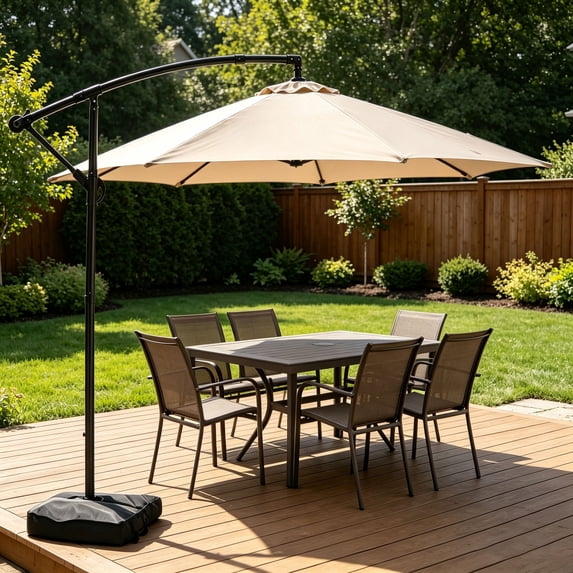 Ainfox 10ft Cantilever Offset Patio Umbrella with Sandbags Weighted Base and Cross Base - Outdoor Market Umbrella, Easy Tilt Adjustment,Khaki