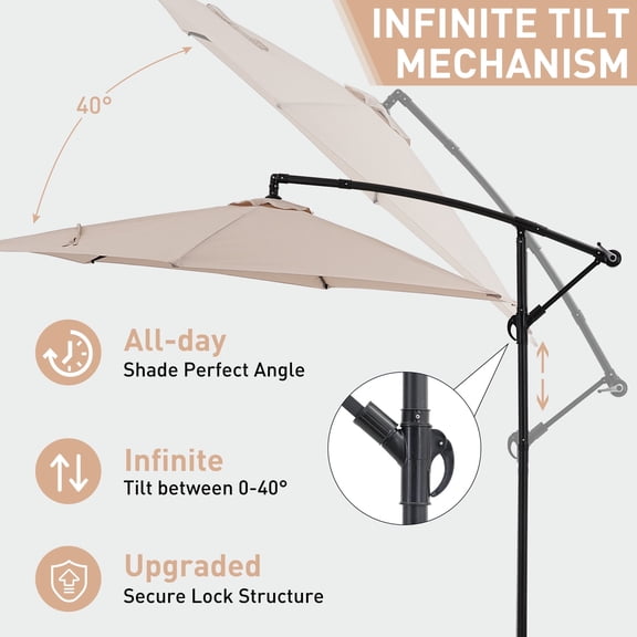 Ainfox 10ft Cantilever Patio Umbrella with Lights, Offset Market Umbrella with Sandbags Weighted Base and Cross Base,Beige